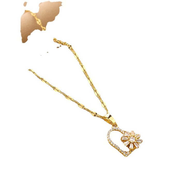 Modische Herzform-Blume, Edelstahl-Beschichtung, Intarsien-Strasssteine, Anhänger-Halskette, 1 Stück