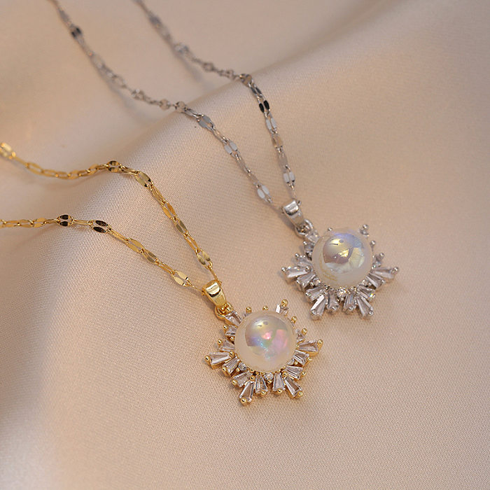 Collar con colgante de perlas artificiales con incrustaciones de acero inoxidable y flores de Streetwear