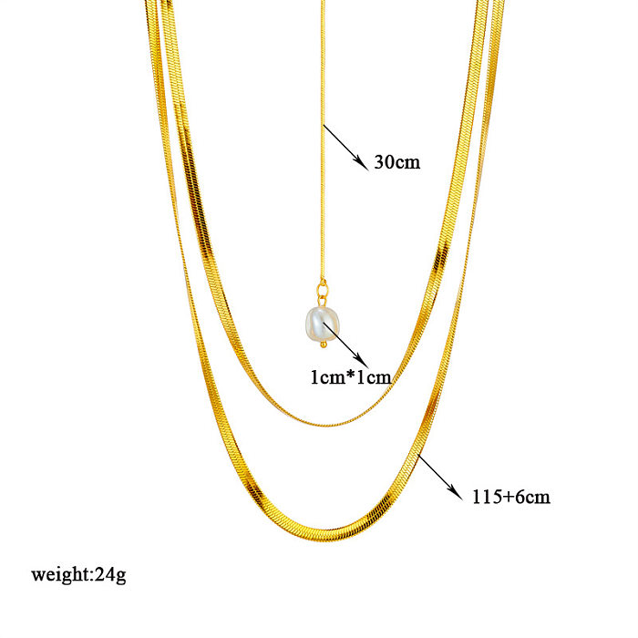 Colliers superposés plaqués or 18 carats de perles artificielles avec incrustation géométrique élégante en acier inoxydable