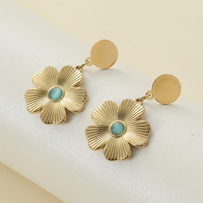 1 paire de boucles d'oreilles pendantes élégantes en acier inoxydable avec incrustation de fleurs turquoise