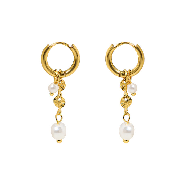 1 par de pendientes colgantes chapados en oro de 18 quilates de acero inoxidable chapado en perlas redondas estilo Simple estilo IG
