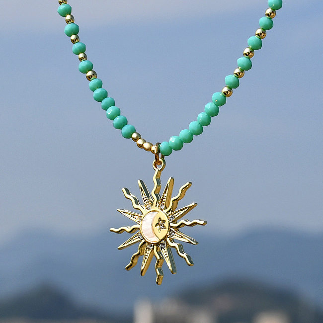 Collier pendentif en perles en alliage de cristal artificiel en acier inoxydable, Style Simple, soleil