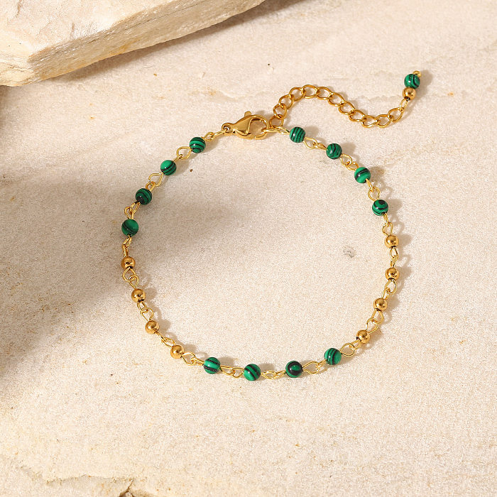 Women's Fashion Green Malachite Round Beads 18K Gold Geometric Stainless Steel Bracelet