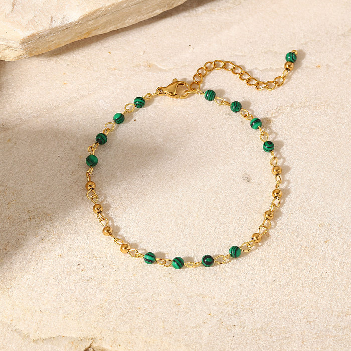 Damenmode-Armband aus grünem Malachit mit runden Perlen, 18 Karat Gold, geometrisches Edelstahlarmband