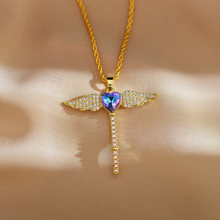 Casual Simple Style Heart Shape Wings Stainless Steel Copper Plating Inlay Zircon Pendant Necklace