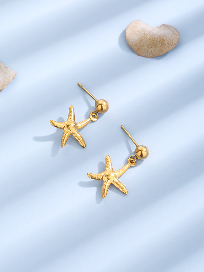 1 paire de boucles d'oreilles pendantes décontractées en acier inoxydable plaqué or 18 carats avec étoile de mer
