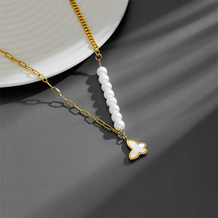 Sweet Heart Shape Butterfly Artificial Pearl Stainless Steel Inlay Shell 18K Gold Plated Pendant Necklace