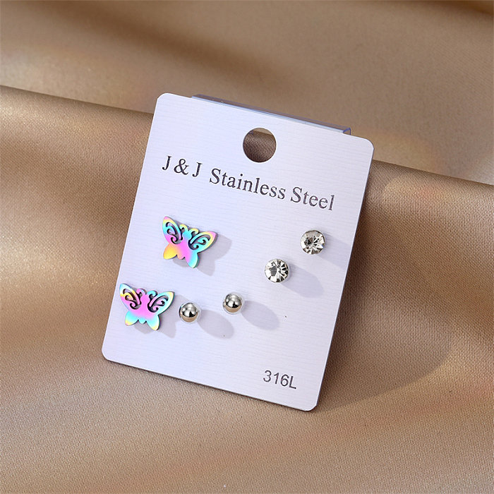 3 Pairs Elegant Butterfly Stainless Steel  Inlay Zircon Ear Studs
