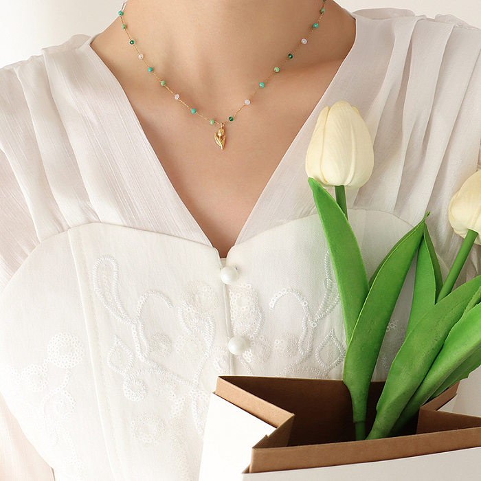 Collier en acier inoxydable à fleurs de style simple, colliers perlés en acier inoxydable