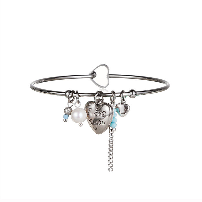 Sweet Letter Tassel Heart Shape Stainless Steel Beaded Imitation Pearl Charm Plating Rose Gold Plated Gold Plated Bangle