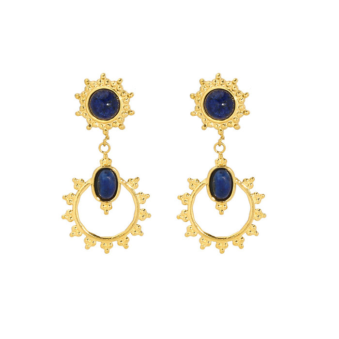 1 paire de boucles d'oreilles géométriques en forme d'oeil du diable, incrustation en acier inoxydable, Lapis Lazuli plaqué or