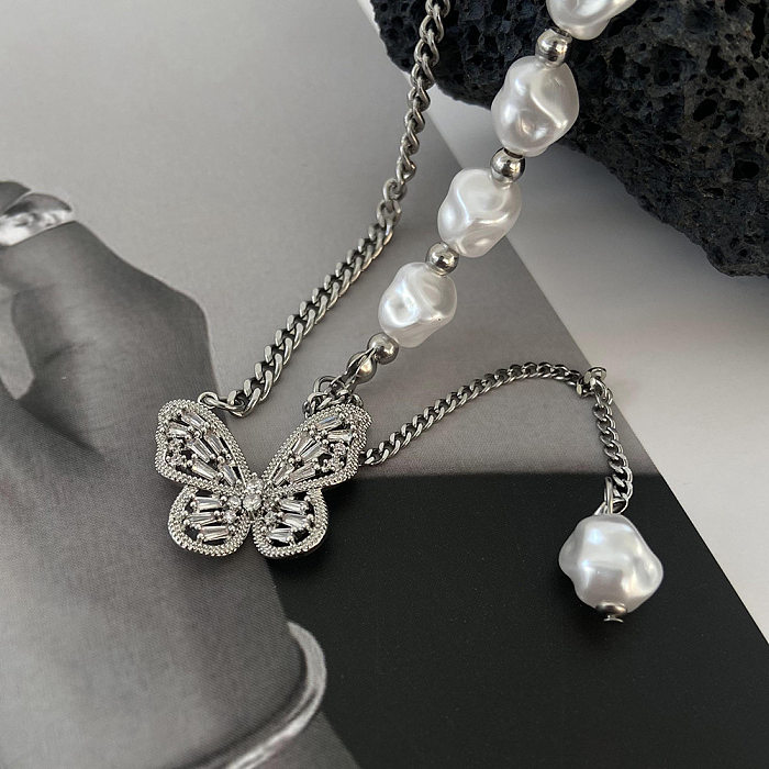 Nouveau Collier en acier inoxydable avec chaîne de couture de perles courtes papillon en Zircon