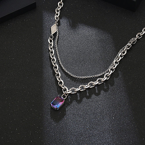 Lässige, schlichte, rechteckige Halskette aus Edelstahl mit Inlay-Edelstein-Anhänger und langer Halskette