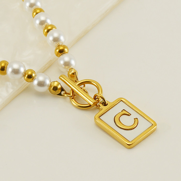 Elegant French Style Letter Stainless Steel  Pearl Plating Inlay Shell 18K Gold Plated Pendant Necklace