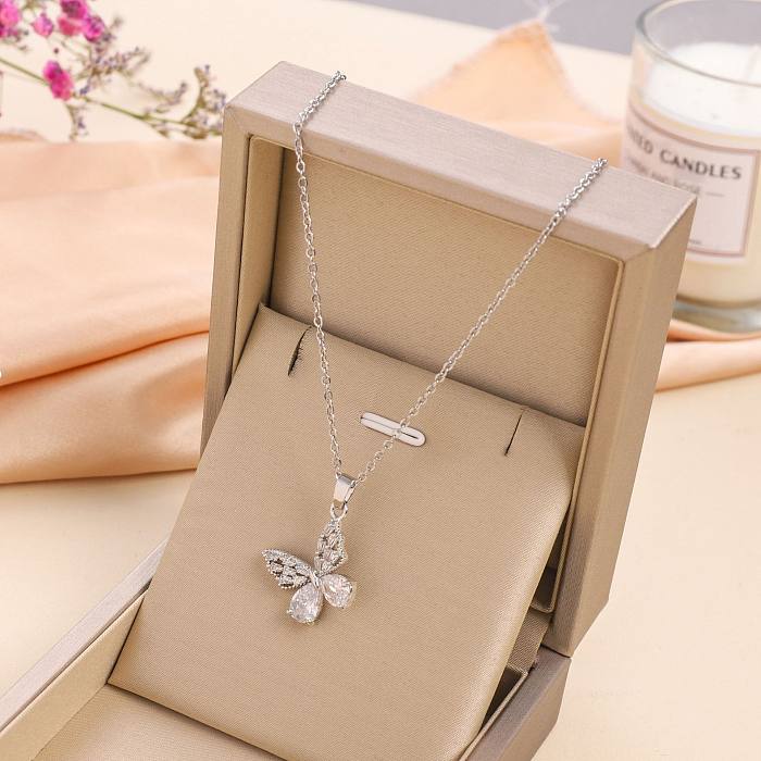 Simple Style Butterfly Stainless Steel Inlay Zircon Pendant Necklace 1 Piece