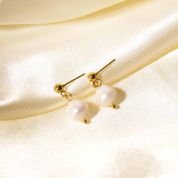 1 Pair IG Style Elegant Geometric Plating Stainless Steel  Freshwater Pearl 18K Gold Plated Drop Earrings