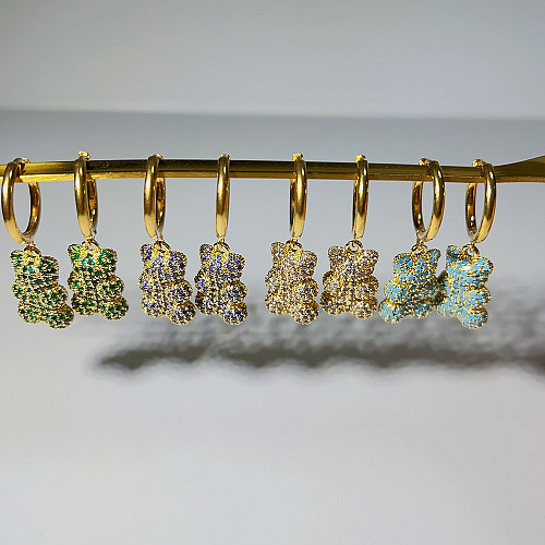 1 Paar niedliche Bären-Ohrringe im IG-Stil mit Inlay aus Edelstahl, Kupfer, Zirkon, 18 Karat vergoldet