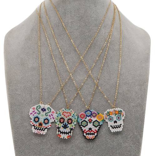 Halloween Color Beaded Skull Pendant Stainless Steel  Necklace Wholesale jewelry