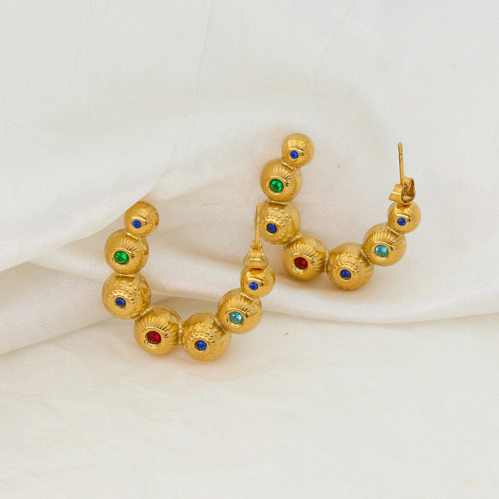 High-End Korean Graceful Online Influencer Round Beads C- Shaped Earrings Color Zircon Simple Retro Original Design Earrings