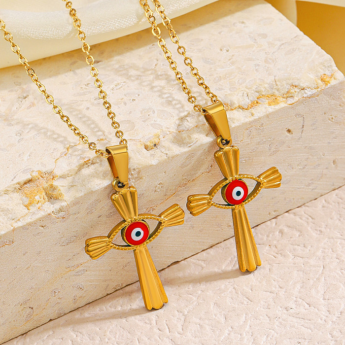Streetwear Cross Devil'S Eye Stainless Steel  Enamel Plating 18K Gold Plated Necklace