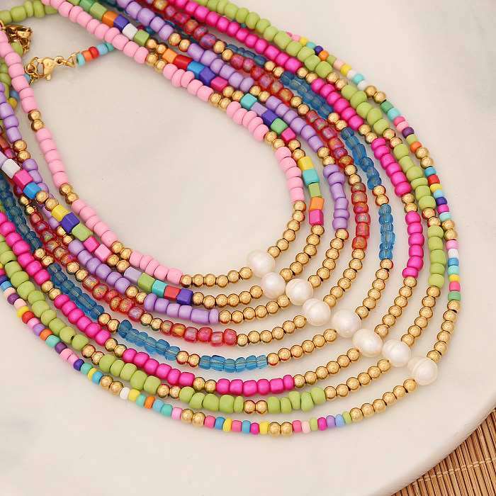 Lässige, böhmische, mehrfarbige, handgefertigte Halskette aus Edelstahl mit künstlichen Perlen und Saatperlen