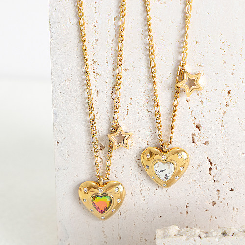 Elegante glänzende Stern-Herzform-Halskette mit Edelstahlbeschichtung, Glassteineinlage und 18 Karat vergoldeter Anhänger-Halskette