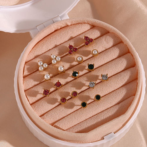 Einfacher Stil, runde Ohrstecker aus Edelstahl mit Inlay, künstlichen Perlen, Zirkon, 1 Paar