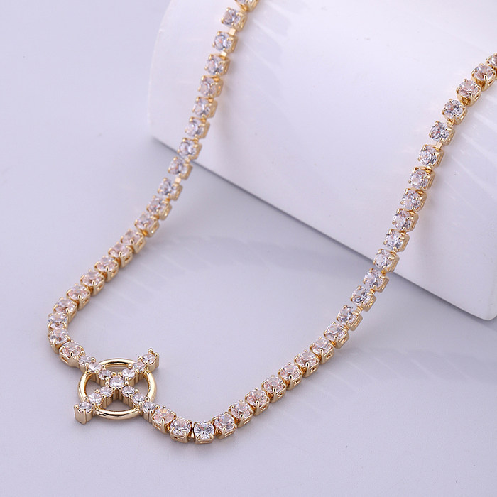 Elegant Streetwear Cross Round Stainless Steel  Plating Inlay Zircon 18K Gold Plated Pendant Necklace