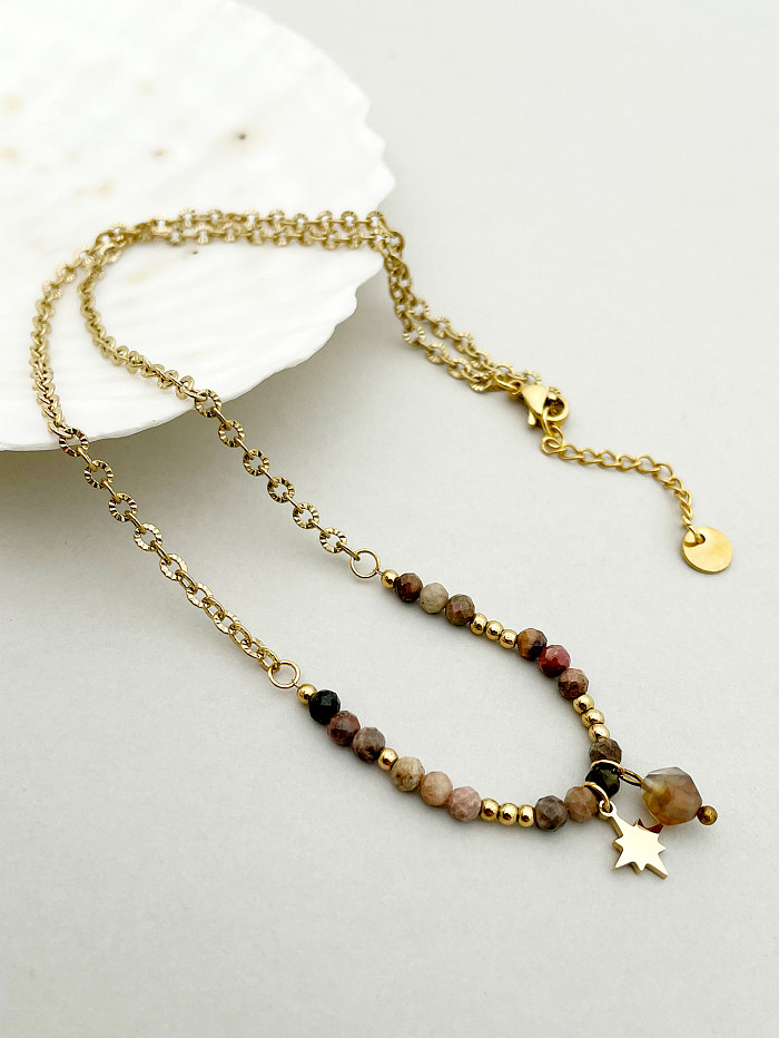 Vintage Style Star Stainless Steel  Inlay Natural Stone Gold Plated Necklace