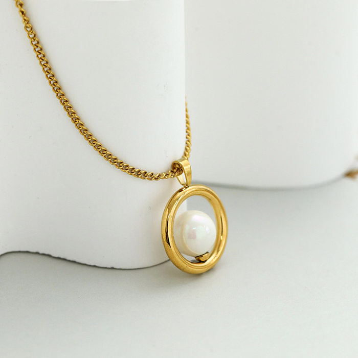 Fashion Round Stainless Steel Inlay Pearl Pendant Necklace 1 Piece