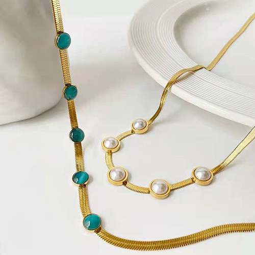 Collier de perles d'opale avec incrustation de placage en acier inoxydable rond à la mode 1 pièce