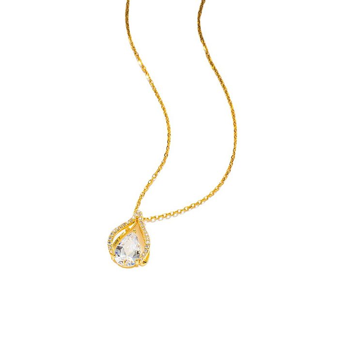 Basic Classic Style Water Droplets Stainless Steel Plating Inlay Zircon 18K Gold Plated Pendant Necklace