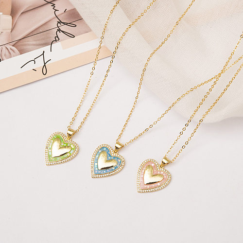 Sweet Heart Shape Stainless Steel  Copper Inlay Rhinestones Pendant Necklace
