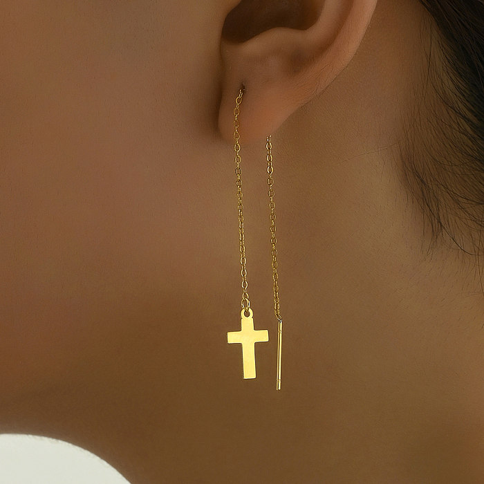1 par elegante comute cruz trevo de quatro folhas formato de coração corrente revestida de aço inoxidável 18k linha de orelha banhada a ouro