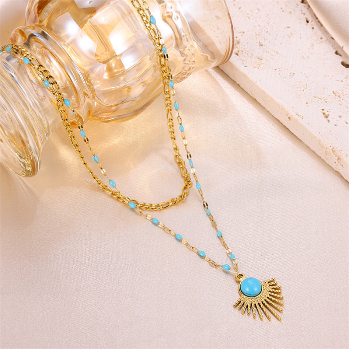 IG Style Sun Solid Color Stainless Steel  Enamel Plating Inlay Turquoise 18K Gold Plated Layered Necklaces