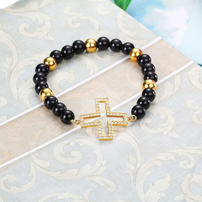 Bracelet de perles en acier inoxydable européen et de beauté, Bracelet élastique rétro avec croix creuse