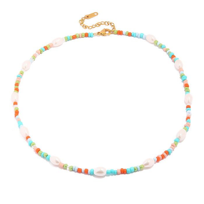 1 Piece Vacation Colorful Stainless Steel  Stone Beaded Pearl Plating Necklace