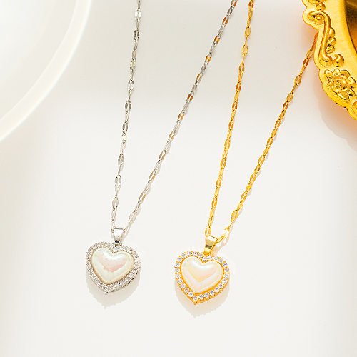 Schlichter Stil, Herzform, Edelstahl-Inlay, künstliche Perlen, Zirkon-Anhänger-Halskette