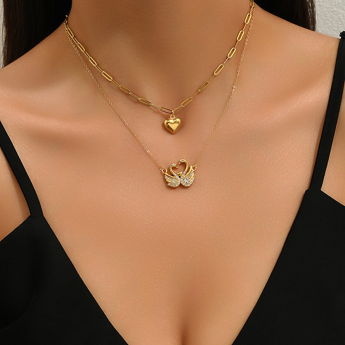 Casual Simple Style Swan Heart Shape Stainless Steel  Plating Inlay Rhinestones 18K Gold Plated Layered Necklaces