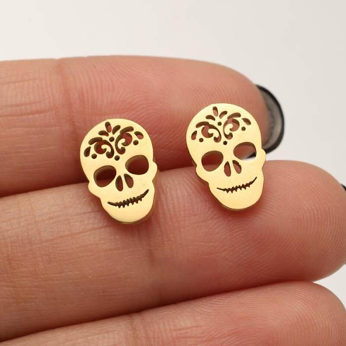 1 Pair Hip-Hop Cool Style Skull Plating Hollow Out Stainless Steel  Ear Studs