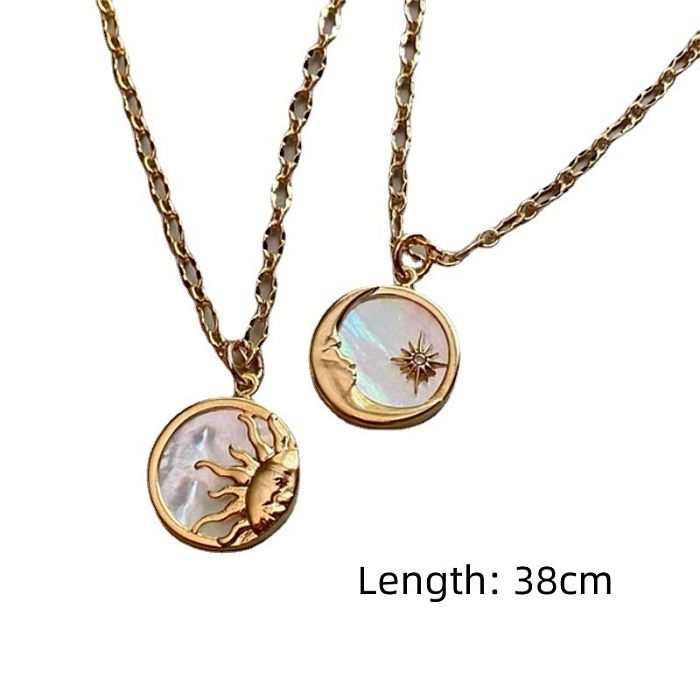 Ethnic Style Sun And Moon Totem Stainless Steel  Inlay Natural Fritillary Pendant Necklace