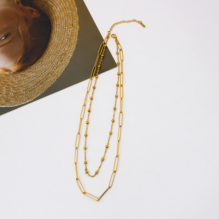 Estilo simples cor sólida aço inoxidável chapeamento de aço inoxidável colares de dupla camada banhados a ouro 18K