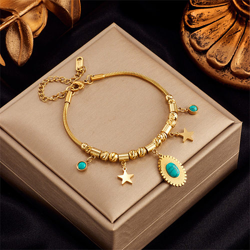 Vintage Style Pentagram Round Titanium Steel Inlay Turquoise 18K Gold Plated Bracelets