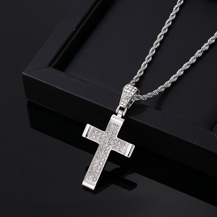 Hip-Hop Vintage Style Rock Cross Stainless Steel  Alloy Plating Inlay Zircon Gold Plated Silver Plated Pendant Necklace