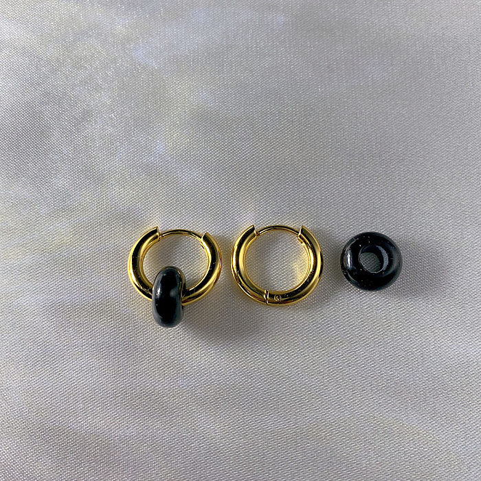1 paire de boucles d'oreilles rondes élégantes en acier inoxydable plaqué pierre naturelle, plaqué or 18 carats