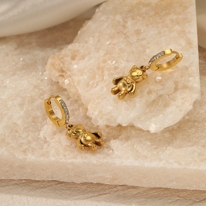 Cute Bear Stainless Steel  Gold Plated Rhinestones Drop Earrings 1 Pair