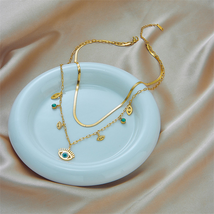 Colares em camadas de aço inoxidável estilo vintage, colares banhados a ouro turquesa em aço inoxidável