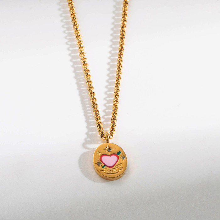Collier avec pendentif en forme de cœur ovale en acier inoxydable, plaqué or 14 carats, Zircon, vente en gros