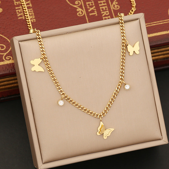Fashion Heart Shape Flower Butterfly Stainless Steel  Plating Hollow Out Inlay Zircon Necklace