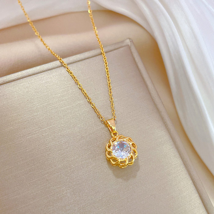 Lady Round Stainless Steel  Copper Inlay Zircon Pendant Necklace